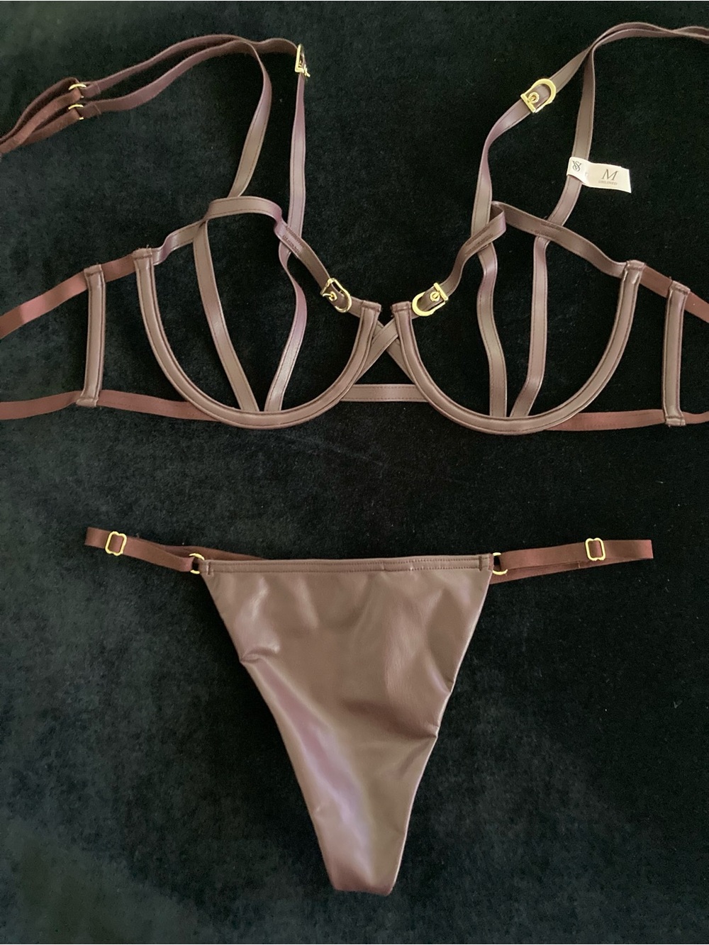 Victoria's Secret Very Sexy Brown Faux Leather Open Strappy Cage Bra Panty Set M